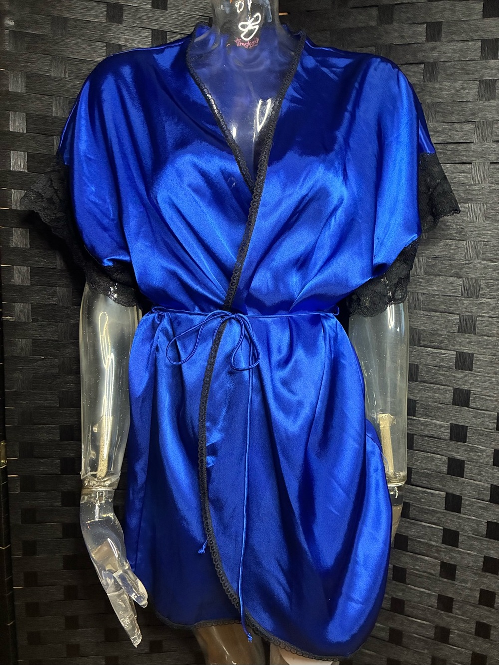 Vintage Frederick's of Hollywood Royal Blue Satin Wrap Robe with Black Lace